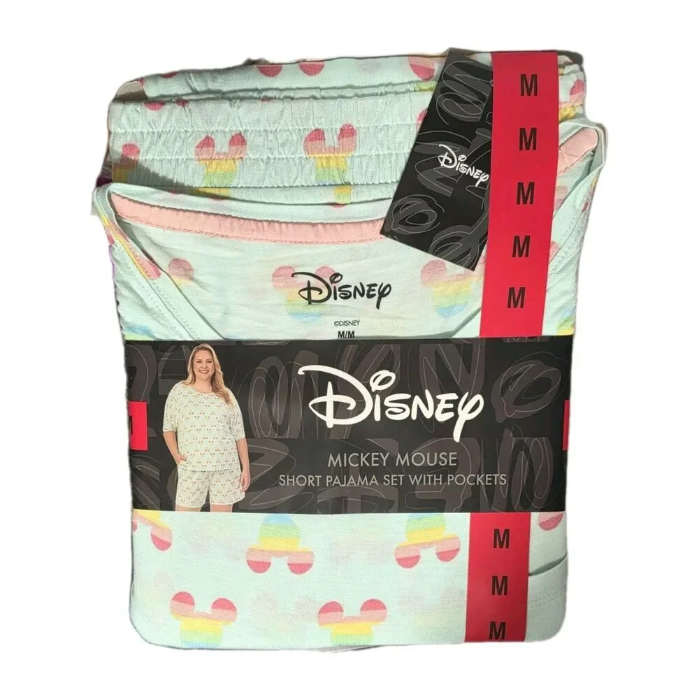 Disney Women's Mickey Mouse Short + Tee Pajama Set w/ Pockets Size M Aqua Blue - Picture 6 of 8